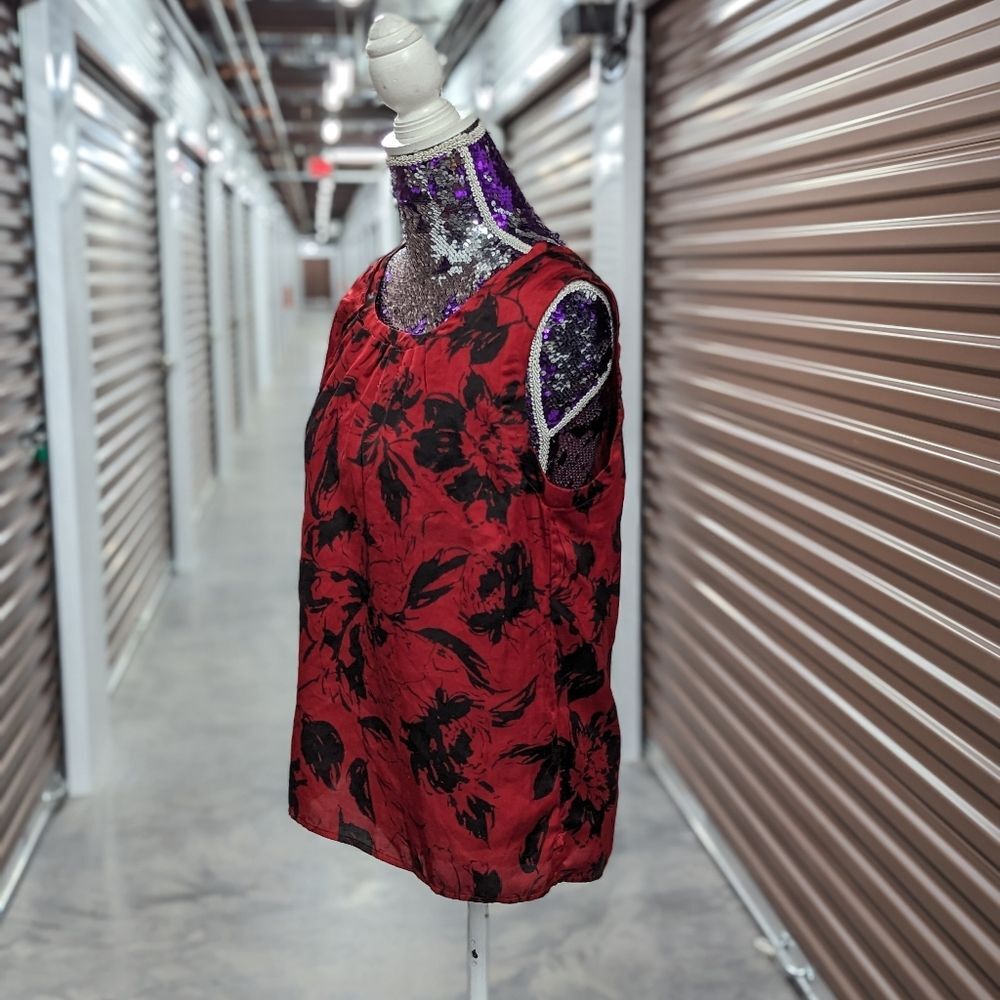 Talbots Small Shiny Red Black Popover Floral Print Sleeveless Blouse Whimsigoth